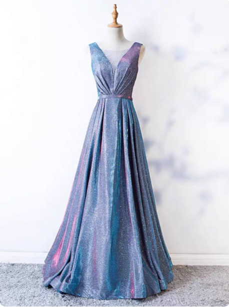 Dreamy Starry Sky Gradient Purple-Blue V-Neck Satin Long Prom Dresses Evening Dresses