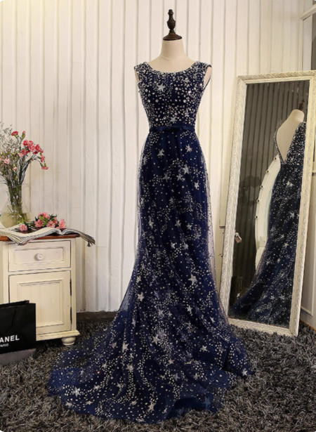 Dreamy Starry Sky Navy Blue A-Line Crew Neck Star-Patterned Tulle Train Prom Dresses Evening Dresses