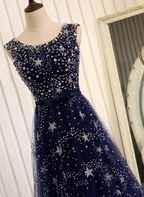 Dreamy Starry Sky Navy Blue A-Line Crew Neck Star-Patterned Tulle Train Prom Dresses Evening Dresses