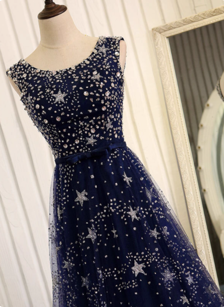 Dreamy Starry Sky Navy Blue A-Line Crew Neck Star-Patterned Tulle Train Prom Dresses Evening Dresses