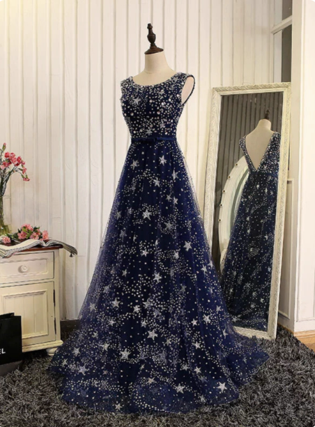 Dreamy Starry Sky Navy Blue A-Line Crew Neck Star-Patterned Tulle Train Prom Dresses Evening Dresses Main image