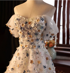 Dreamy White A-Line Off-The-Shoulder 3D Floral Sequined Tulle Long Prom Dresses Evening Dresses
