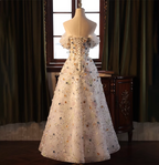 Dreamy White A-Line Off-The-Shoulder 3D Floral Sequined Tulle Long Prom Dresses Evening Dresses