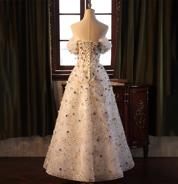 Dreamy White A-Line Off-The-Shoulder 3D Floral Sequined Tulle Long Prom Dresses Evening Dresses