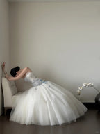 Dreamy White And Blue Gradient A-Line Strapless Tulle Long Prom Dresses Wedding Dresses