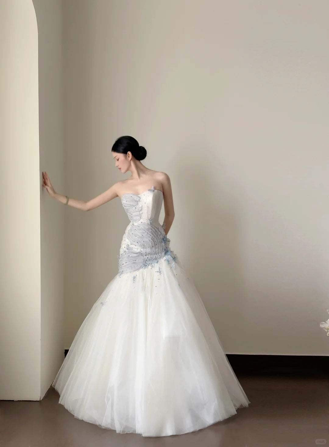 Dreamy White And Blue Gradient A-Line Strapless Tulle Long Prom Dresses Wedding Dresses