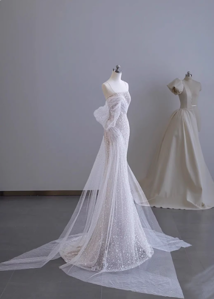 Dreamy White Mermaid Spaghetti Strap Open Back Tulle Train Prom Dresses Evening Dresses