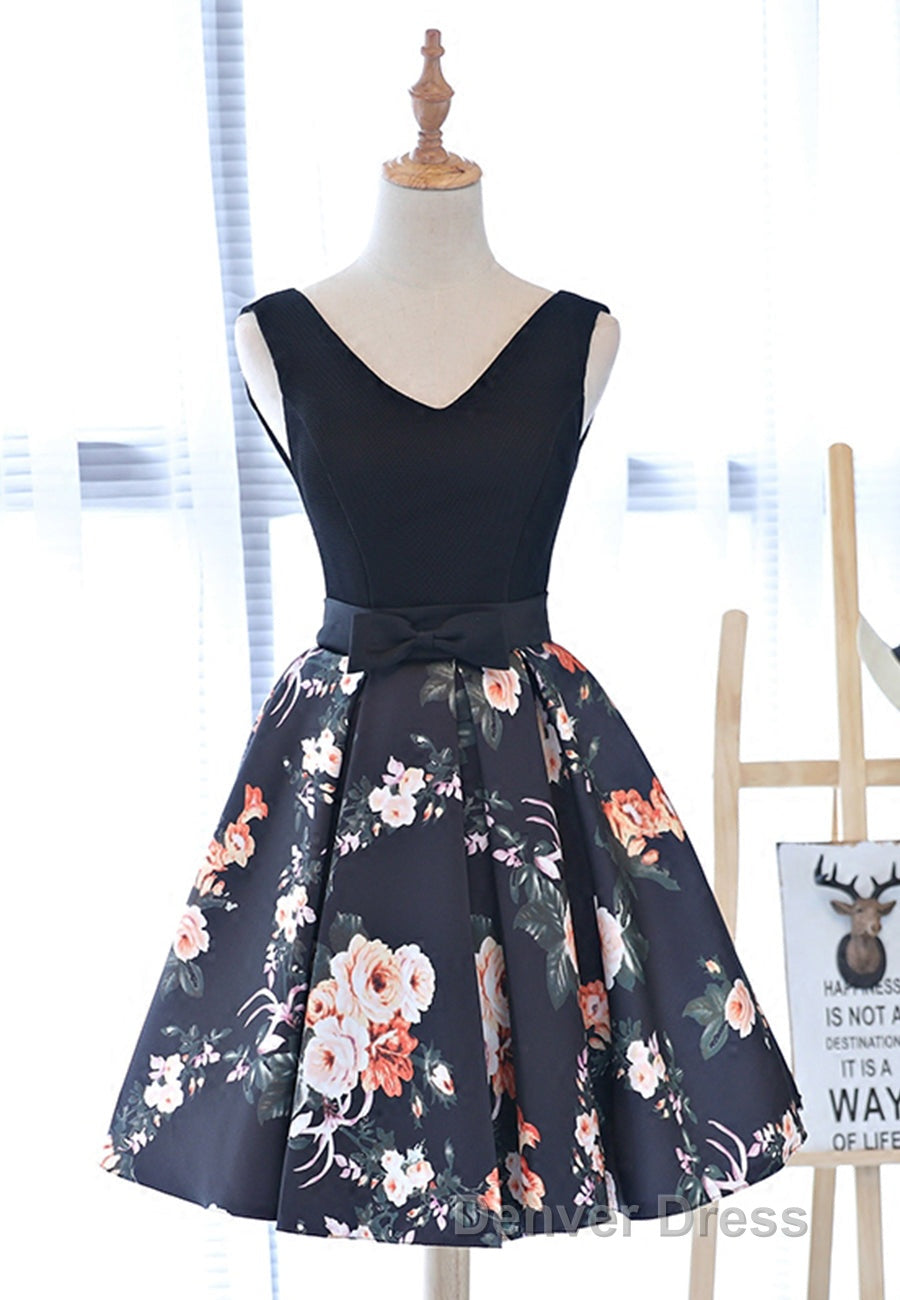 Cute V Neck Floral Prom Dress, A Line Homecoming Dresses