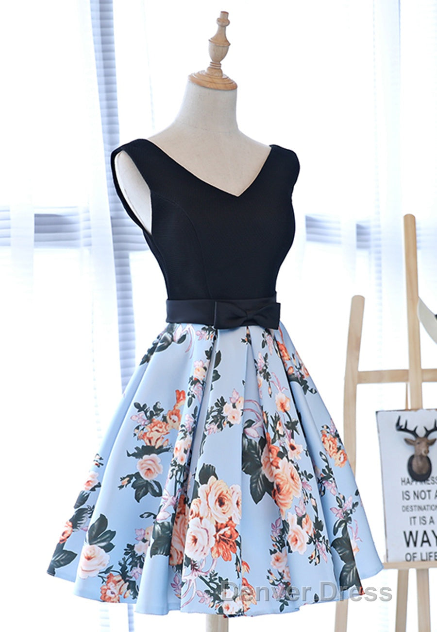 Cute V Neck Floral Prom Dress, A Line Homecoming Dresses