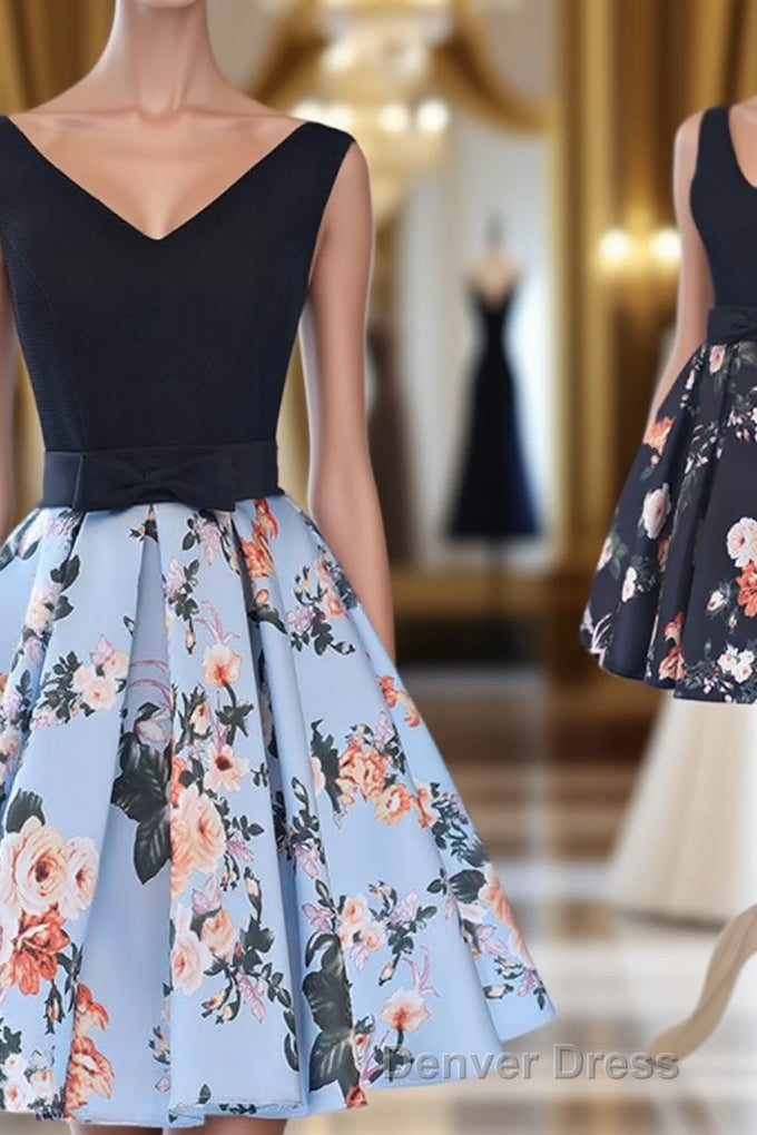 Cute V Neck Floral Prom Dress, A Line Homecoming Dresses Main image