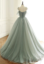 Green Tulle Long Prom Dress, A Line Spaghetti Straps Prom Dresses