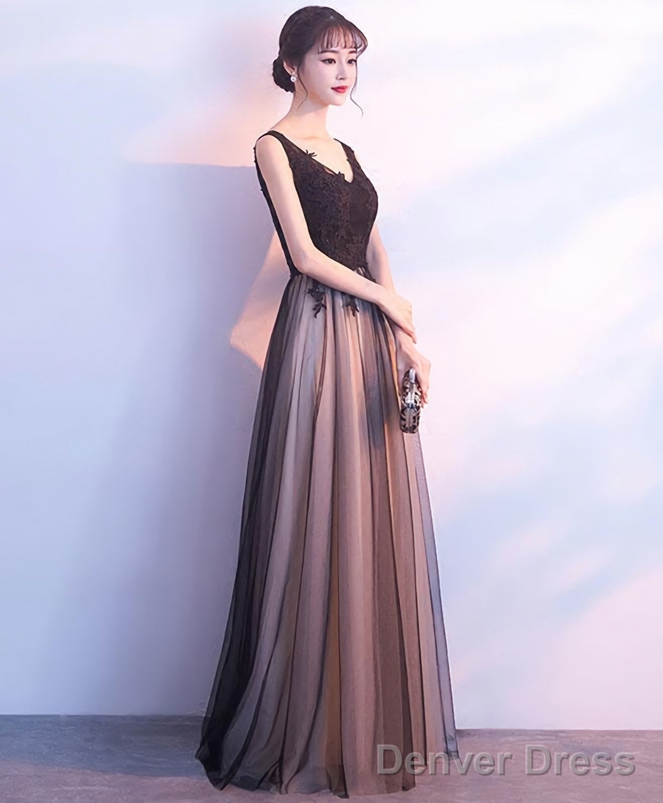 Black Tulle V Neck Long Prom Dress Black Prom Dresses