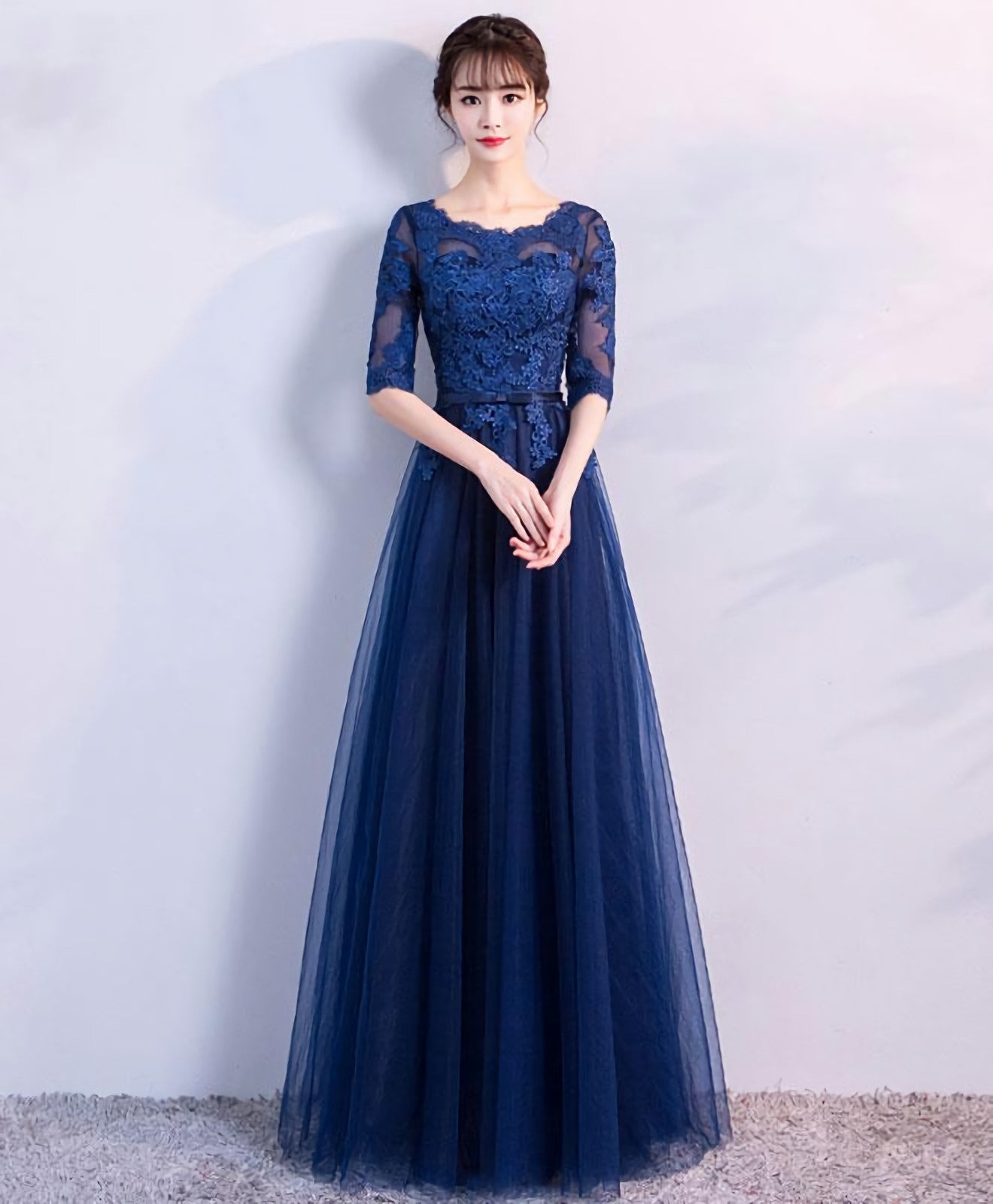 Blue Tulle Lace Long Prom Dress, Lace Prom Dresses