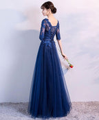 Blue Tulle Lace Long Prom Dress, Lace Prom Dresses