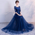 Blue Tulle Lace Long Prom Dress, Lace Prom Dresses