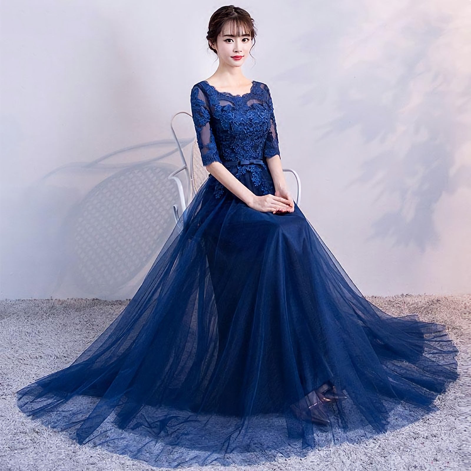 Blue Tulle Lace Long Prom Dress, Lace Prom Dresses