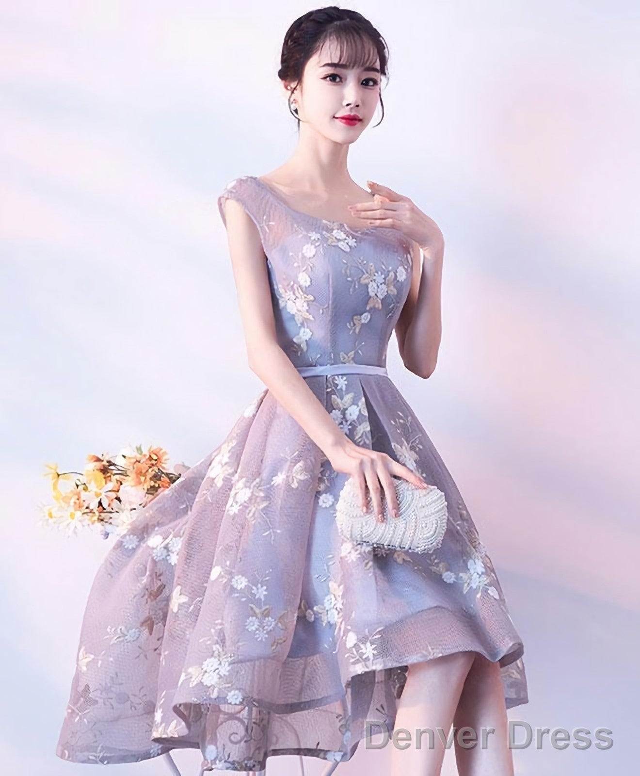 Cute Lace Round Neck Short Prom Dress Homecoming Dress