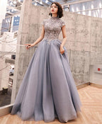 Gray Round Neck Tulle Lace Long Prom Dress