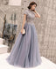 Gray Round Neck Tulle Lace Long Prom Dress