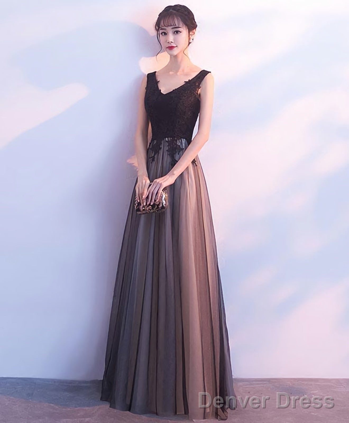 Black Tulle V Neck Long Prom Dress Black Prom Dresses