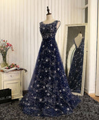 Blue Beaded Sequins Long Prom Dress, Blue Prom Dresses