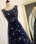 Blue Beaded Sequins Long Prom Dress, Blue Prom Dresses