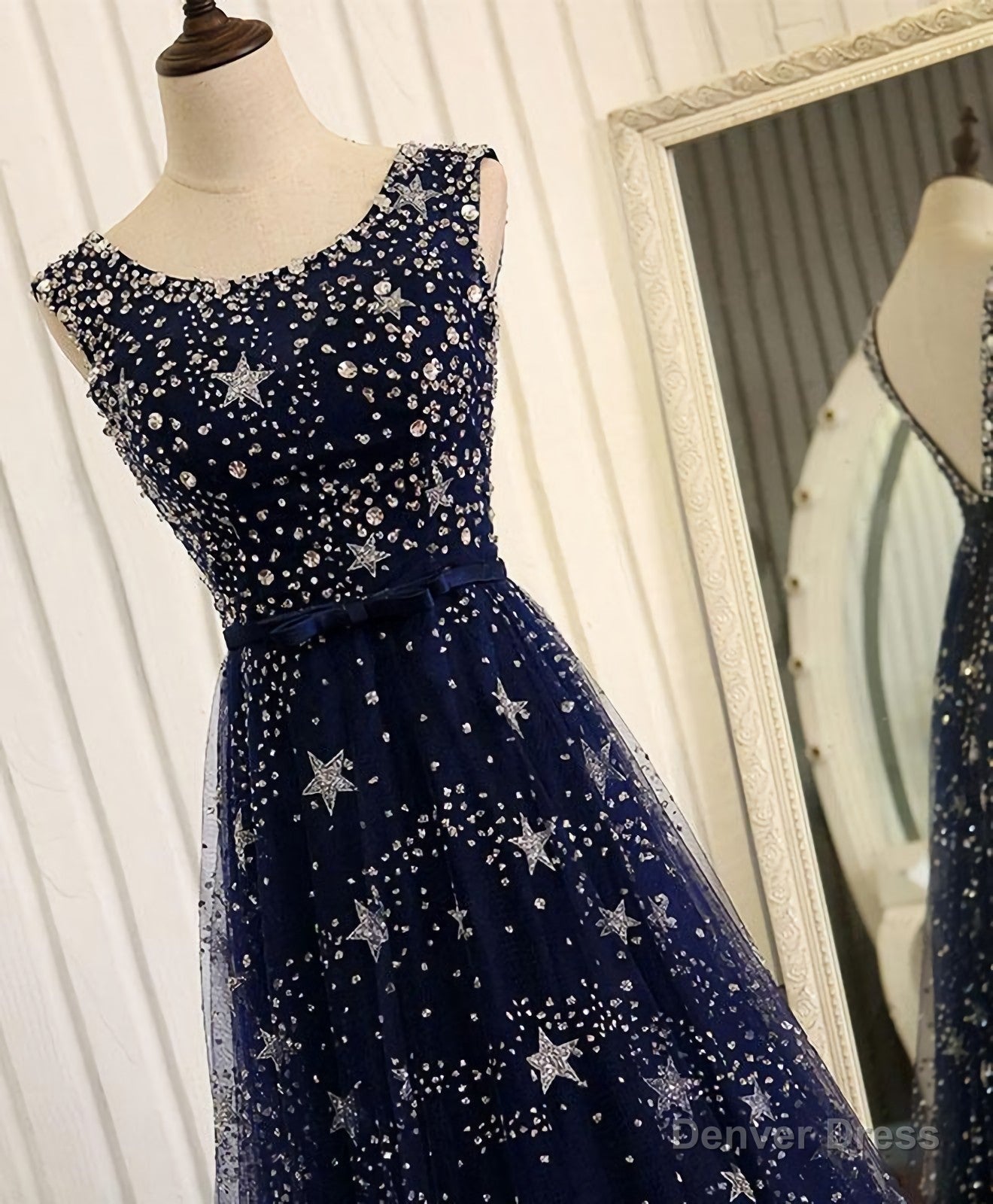 Blue Beaded Sequins Long Prom Dress, Blue Prom Dresses