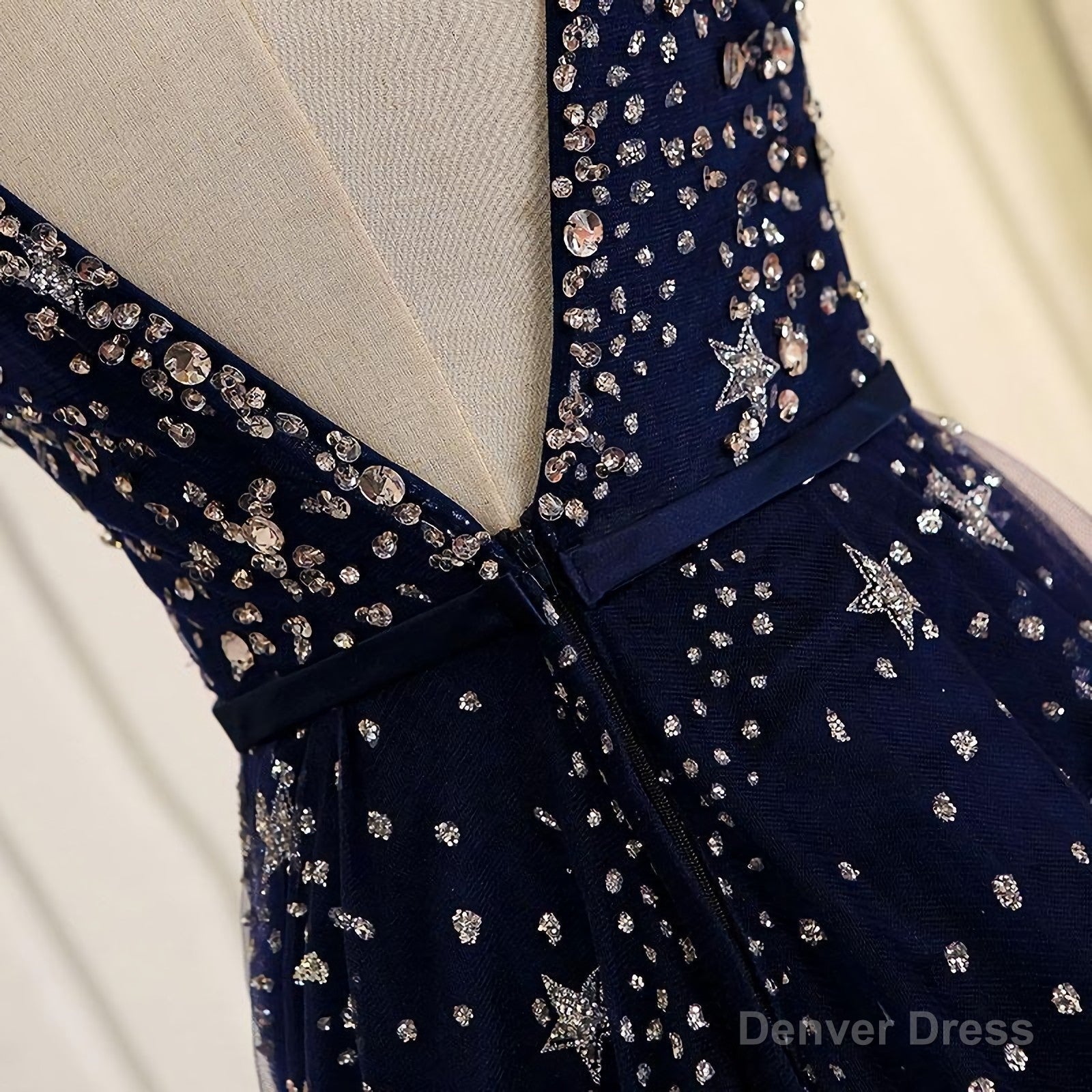 Blue Beaded Sequins Long Prom Dress, Blue Prom Dresses