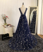 Blue Beaded Sequins Long Prom Dress, Blue Prom Dresses