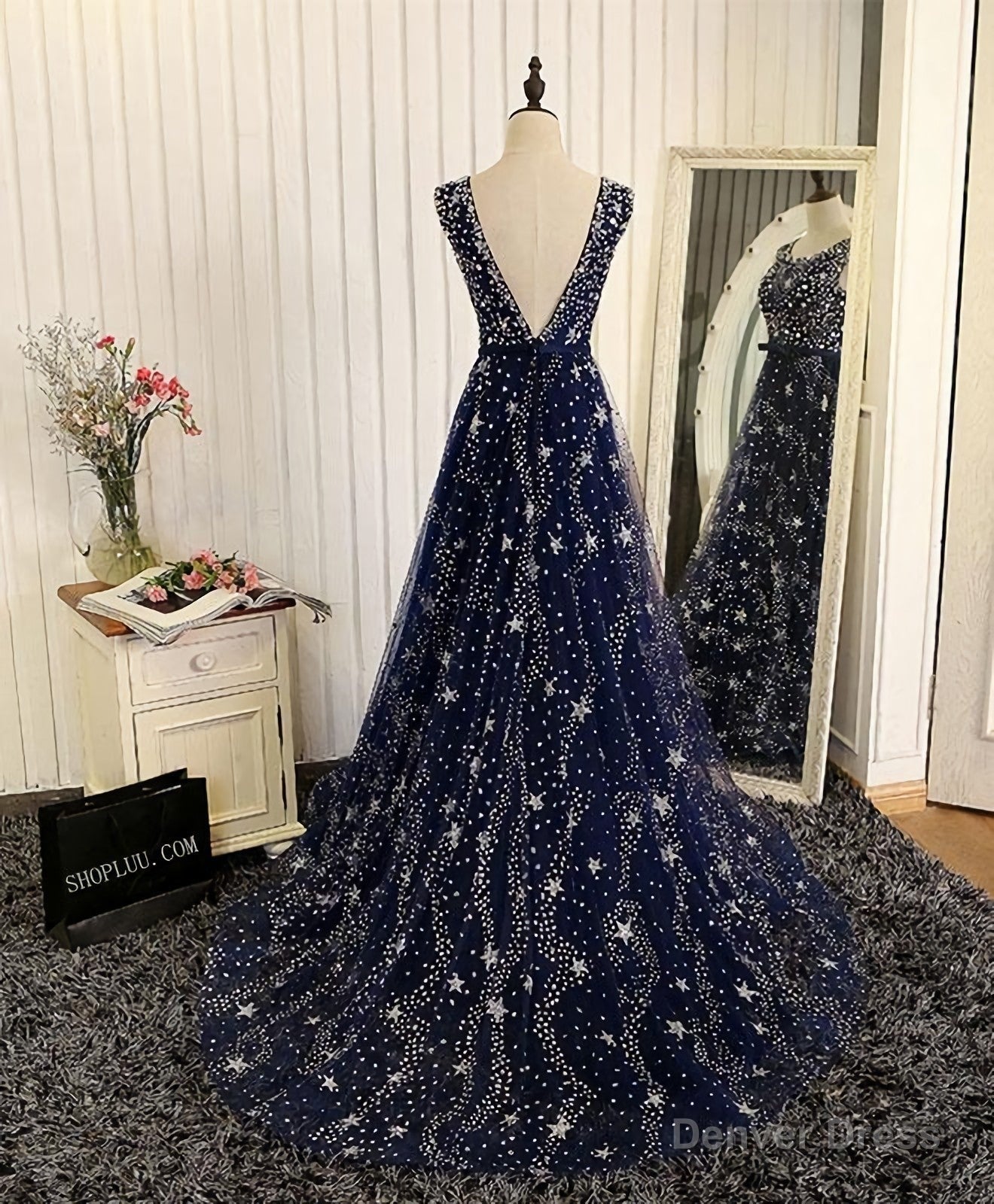 Blue Beaded Sequins Long Prom Dress, Blue Prom Dresses