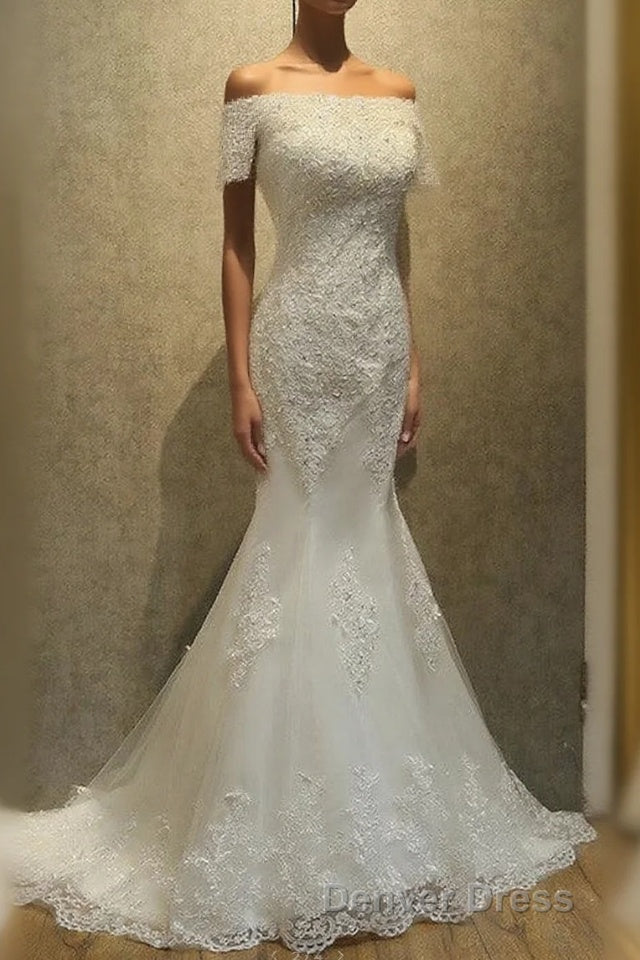 Mermaid Off Shoulder Sleeveless Lace Beading Watteau Train Wedding Dresses Main image