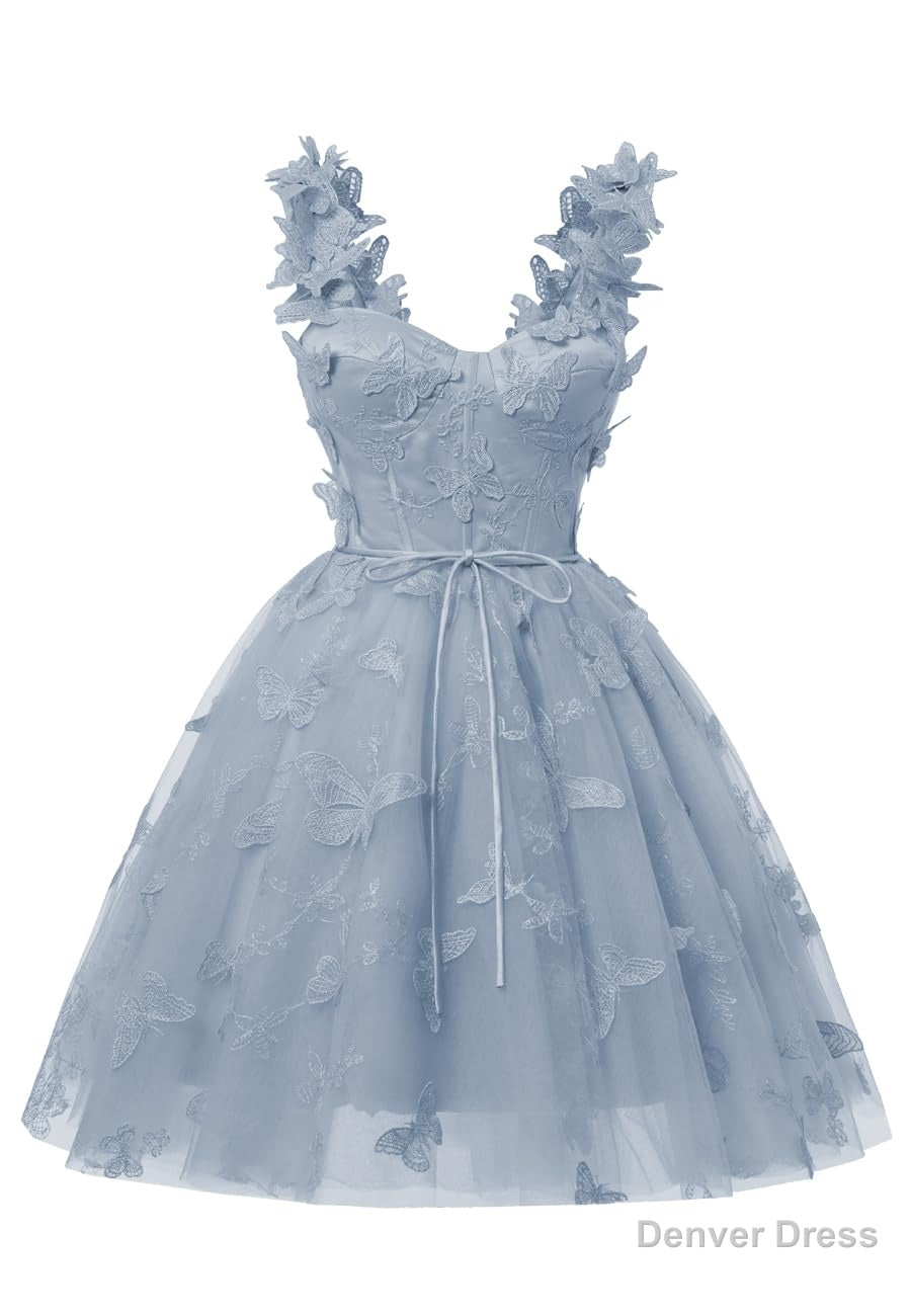 Dusty Blue 3D Butterfly Lace Applique Tulle Homecoming Dress for Teens Sweetheart Mini Short Prom Dresses Main image