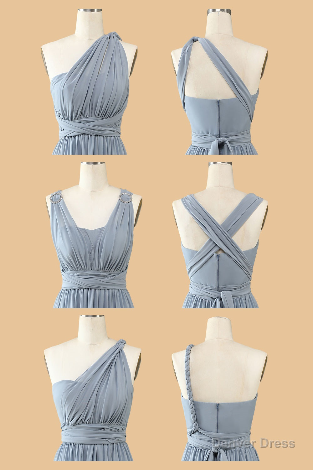 Dusty Blue A Line Chiffon Long Convertible Bridesmaid Dresses