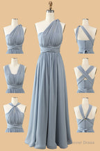 Dusty Blue A Line Chiffon Long Convertible Bridesmaid Dresses