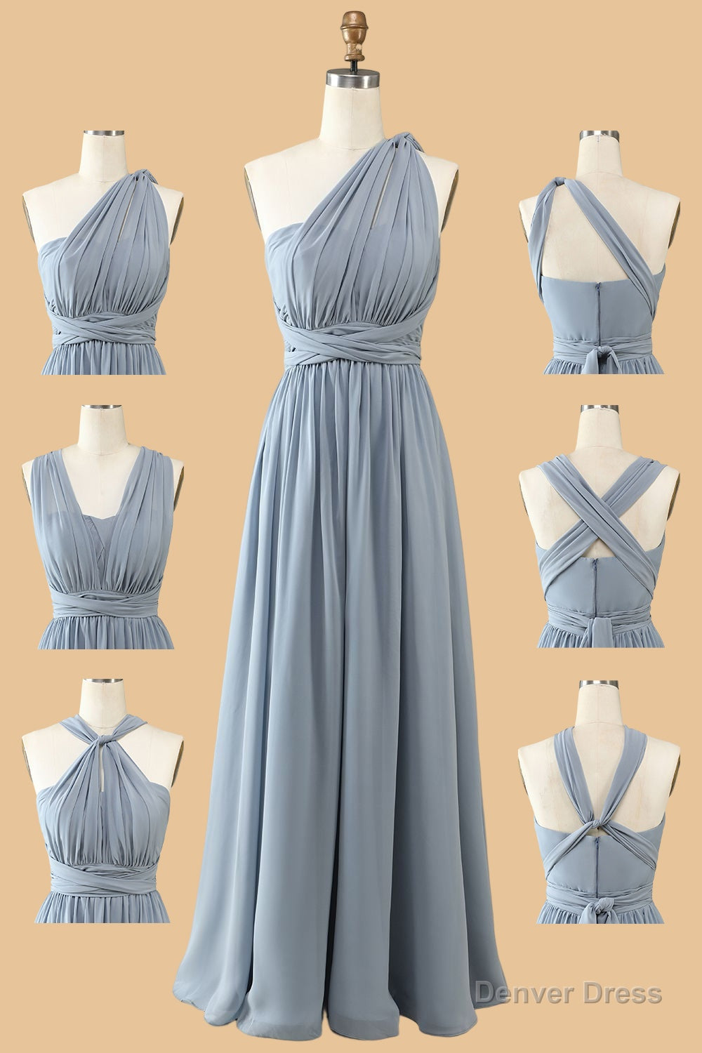 Dusty Blue A Line Chiffon Long Convertible Bridesmaid Dresses