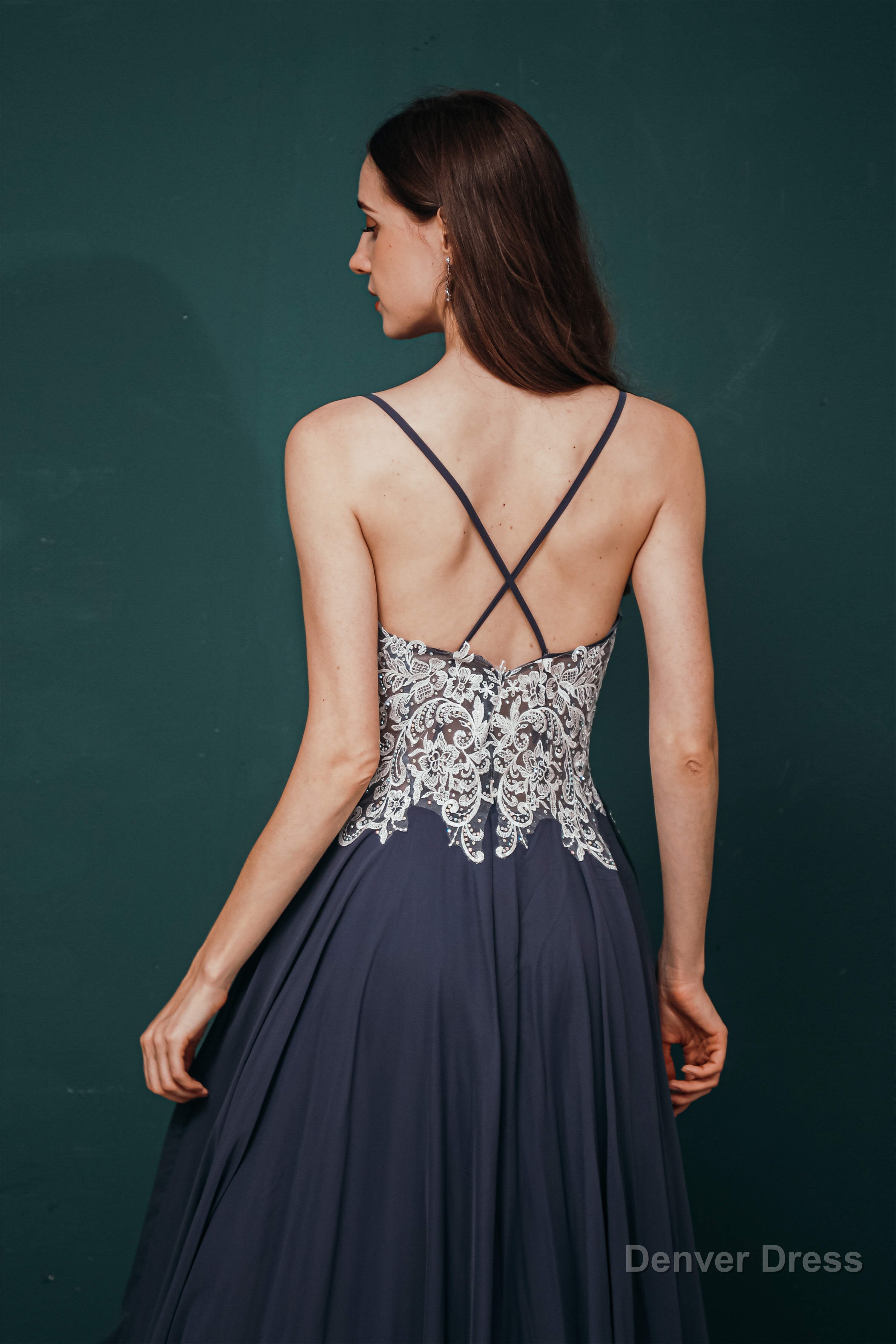 A Line Spaghetti Straps Side Split Long Prom Dresses