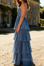 Dusty Blue A-Line Strapless Pleated Tiered Long Bridesmaid Dress