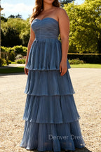Dusty Blue A-Line Strapless Pleated Tiered Long Bridesmaid Dress