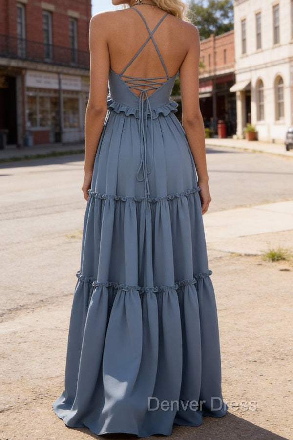 Dusty Blue A-line V Neck Sleeveless Floor-Length Chiffon Prom Dress Long Prom Dresses Backless with Pleated Ruffles