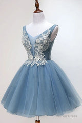 Dusty Blue Princess Tulle Appliqued Homecoming Dress
