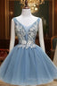 Dusty Blue Princess Tulle Appliqued Homecoming Dresses