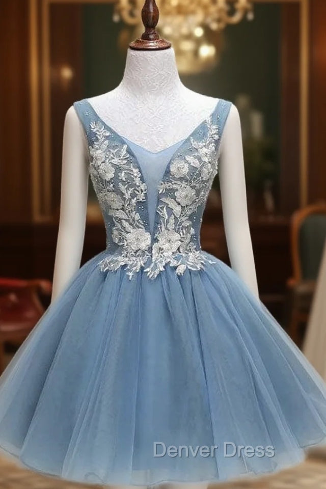 Dusty Blue Princess Tulle Appliqued Homecoming Dresses Main image