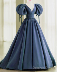 Dusty Blue Prom Dresses Puffy Sleeve Satin Ball Gown