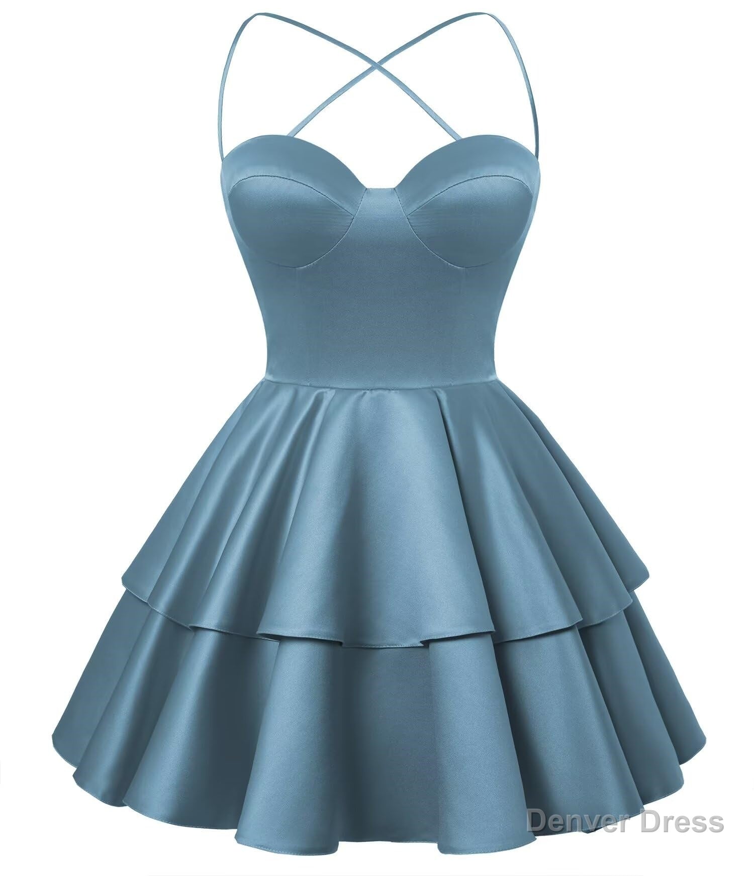 Dusty Blue Satin Homecoming Dress Sweetheart Neck Tiered Short Graduation Dresses Secondary image
