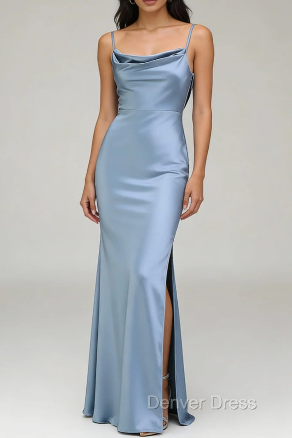 Dusty Blue Sheath Spaghetti Straps Satin Long Bridesmaid Dresses Secondary image