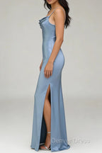 Dusty Blue Sheath Spaghetti Straps Satin Long Bridesmaid Dresses