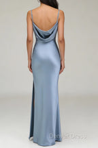 Dusty Blue Sheath Spaghetti Straps Satin Long Bridesmaid Dresses