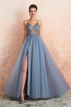Spaghetti Straps V Neck Sheer Top Tulle Long Prom Dresses with Side Slit