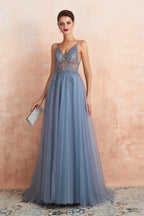 Spaghetti Straps V-neck Sheer Top Tulle Long Prom Dresses with Side Slit