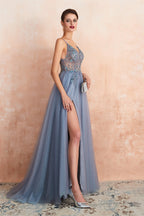 Spaghetti Straps V Neck Sheer Top Tulle Long Prom Dresses with Side Slit